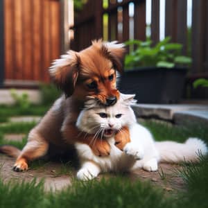 Playful Dog and Cat Fight in a Backyard