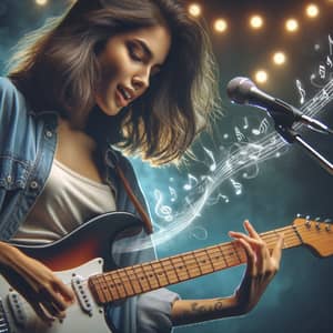 Passionate Hispanic Female Guitarist on Brightly Lit Stage