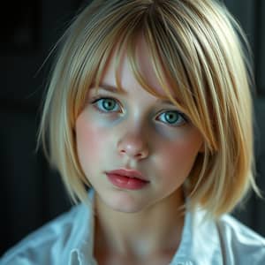 Stylish Teen Girl with Short Blond Hair and Green Eyes