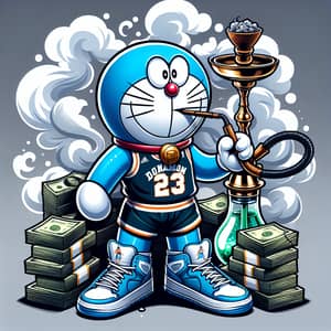 Unique Robotic Cat in Basketball Attire Amidst Money Stacks