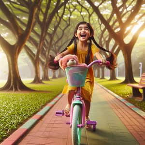 Joyful South Asian Girl Riding Colorful Bicycle in Serene Park