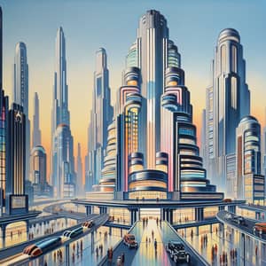 Futuristic Art Deco Cityscape Painting with Neon Lights