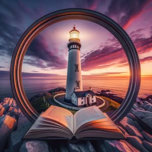 Majestic Lighthouse at Sunset with Open Book