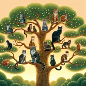 Diverse Range of Felines Perched on Looming Tree