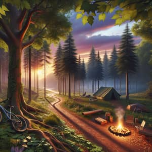 Serene Campsite in Lush Forest | Sunset Sky & Bike Trail