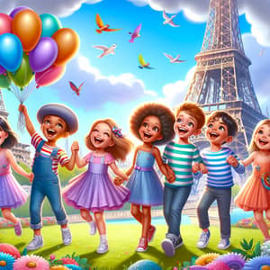 Colorful Children Playing in Front of Eiffel Tower - Joyful Paris Vacation