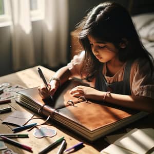 Young South Asian Girl Writing in Leather Journal