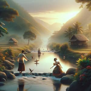 Serene Filipino River Scene with Traditional Attire