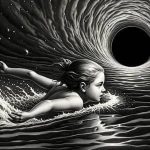 Courageous Young Girl Swimming Towards Colossal Black Hole