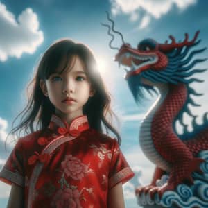 Beautiful Chinese Little Girl in Red Traditional Dress with Majestic Dragon