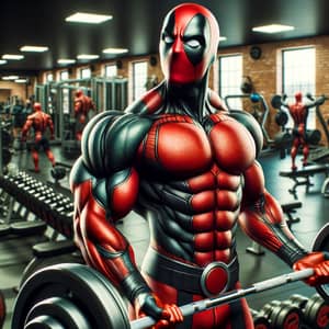 Muscular Character in Red and Black Costume Training at Gym