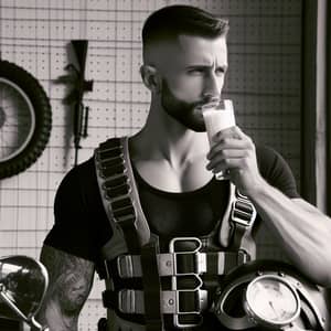 Short-Haired Person sipping Milk in Biker Harness | Website Name