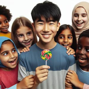 Diverse Children Around East Asian Boy with Lollipop