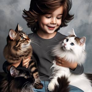 Young Caucasian Boy Playing with Black, Tabby, and White Cats