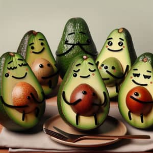 Fun Avocado Faces: Creative Image of Six Thoughtful Avocados