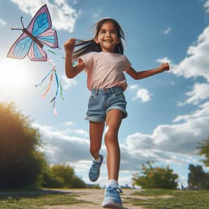 Joyful South Asian Girl Playing with Butterfly Kite in Sunlit Park