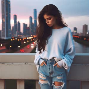 Hispanic girl in sad cityscape at dusk