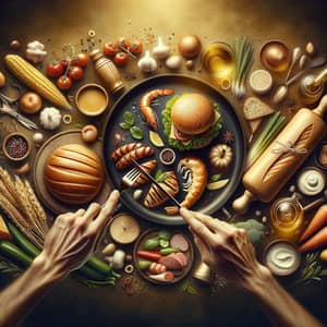 Assorted Food Preparation in Dark Gold Background