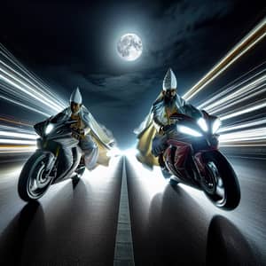 Thrilling Race of Religious Figures on Moonlit Highway