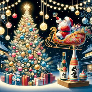 Japanese Christmas Tree & Santa Sleigh Scene - Festive Fusion Art