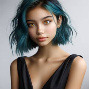 Asian Girl with Cyan Hair in Elegant Pose | Black Dress