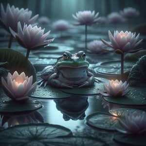 Frog on Pond with Water Lilies - Enchanting and Magical Scene