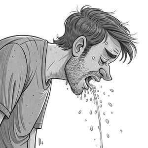 Cartoon of Drunk Man Puking - Line Art Illustration