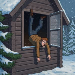 Drunk Man Hanging Out of Cabin Window in Winter