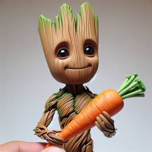 Groot-Inspired Character Holding a Carrot