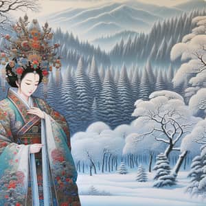 Tranquil Winter Scene with Snow-Covered Trees and Figure in Traditional East Asian Attire