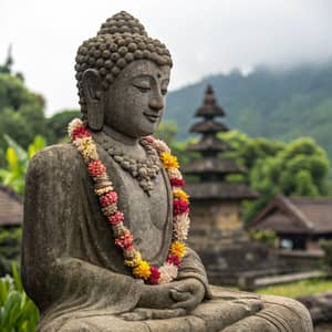 Stoned Buddha with Flower Necklace in Bali