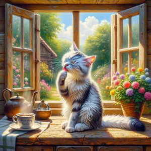 Beautiful Domestic Cat Enjoying Sunshine in Rustic Room