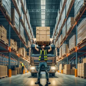 South Asian Male Loading Cargo Truck in Industrial Warehouse