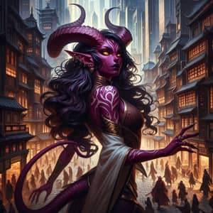 Powerful Tiefling Sorcerer in a Bustling City | Burgundy Skin, Golden Eyes