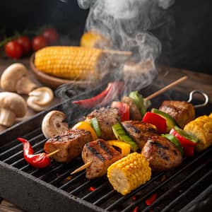 Delicious Kebab on the Grill with Fresh Vegetables