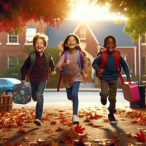 Kids Running to School on Autumn Morning | Exciting Scene