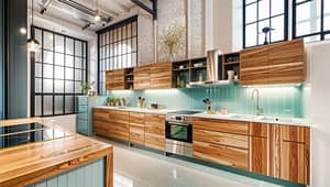 Industrial Kitchen with Mint Accents and Wood Cabinets