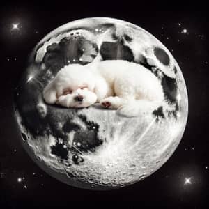 White Fluffy Bichon Dog Sleeping on Moon | Tranquil Night Scene