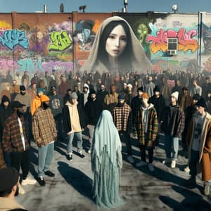 Ethereal Woman Ghost Smiling: Rooftop Graffiti Hipster Fashion