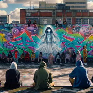 Ethereal Ghost Girl Among Hipster Crowds on Graffiti Rooftop