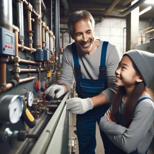 HVAC Technician and Daughter Bonding in Boiler Room