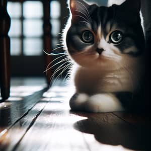 Beautiful Black & White Domestic Cat on Vintage Wooden Floor