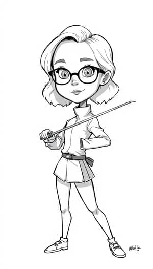 Fierce Fencer Cartoon Caricature - Black and White Art