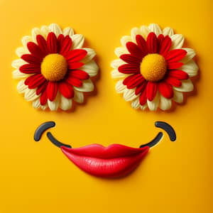 Bright Yellow Smile Emoji with Red Flower Eyes