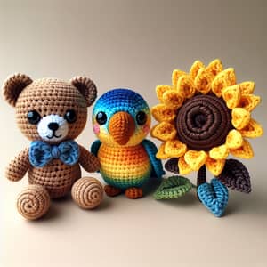 Handcrafted Crochet Amigurumi Toys: Teddy Bear, Parrot, Sunflower