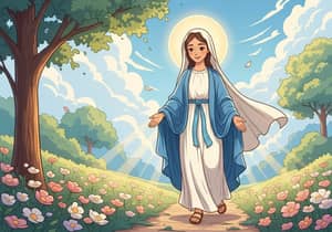 Blessed Virgin Mary Walking in Nature Illustration