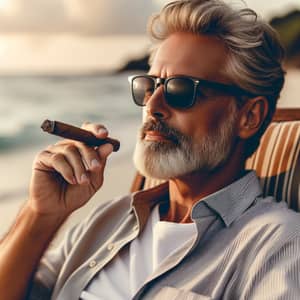 Oldan Lounging at Beach with Cigar and Sunset View