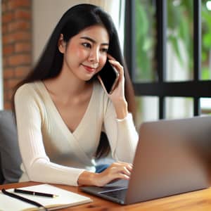 Asian Woman Multitasking at Desk with Laptop and Phone Call