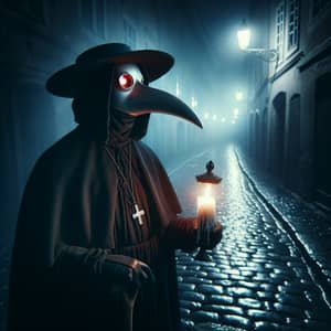 Eerie Encounter: Plague Doctor Seeks Spark of Life in Dark Street