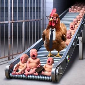 Eerie Comedy: Crying Infants on Conveyor Belt, Intellectual Chicken